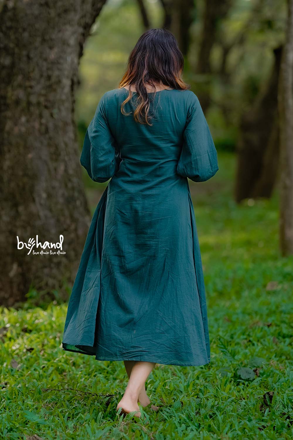 Green Gown Yoke Gather With Floral Embroidery