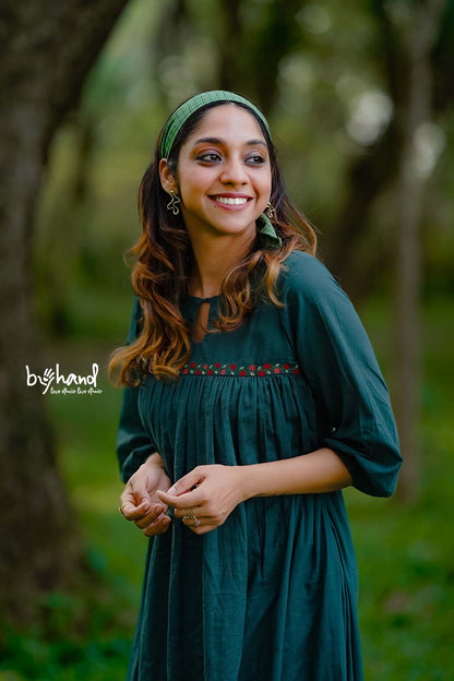 Green Gown Yoke Gather With Floral Embroidery