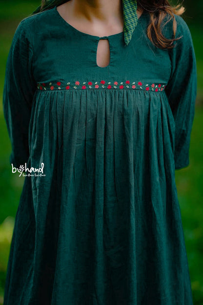 Green Gown Yoke Gather With Floral Embroidery