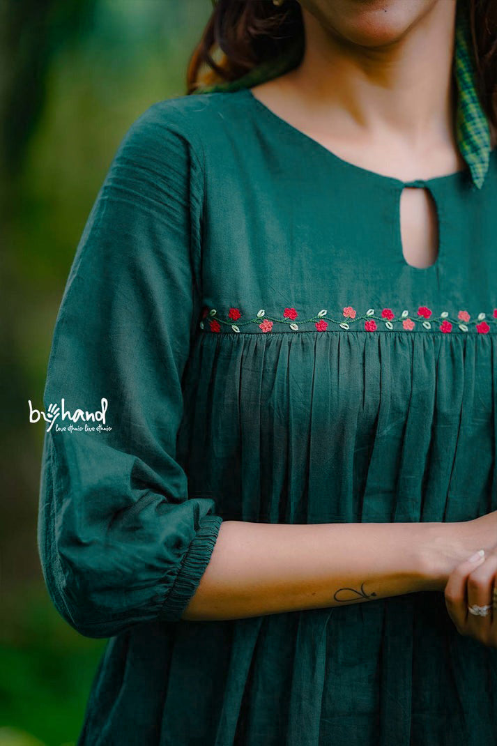 Green Gown Yoke Gather With Floral Embroidery