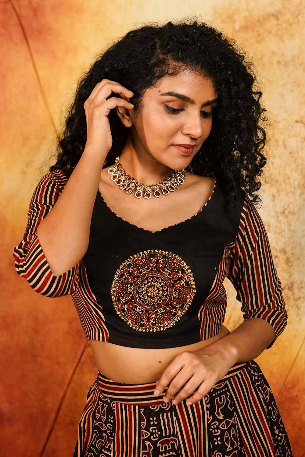 Maroon & Black Ajrakh Stripes Top with Embroidery