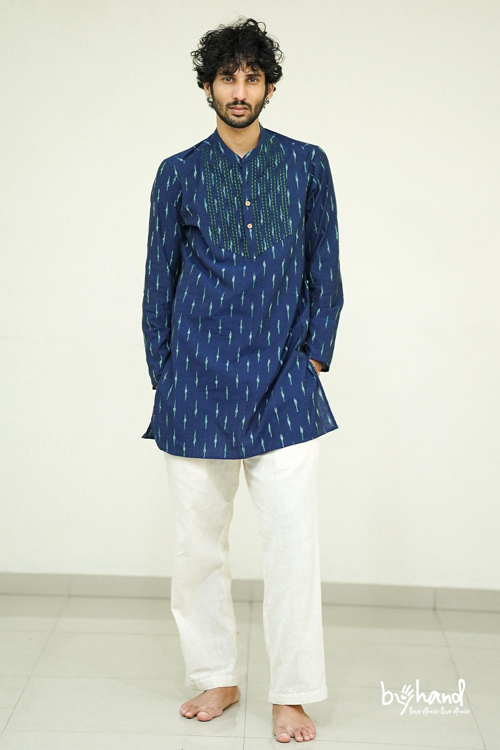 Ikath Long Kurta With Green Stichline Yoke