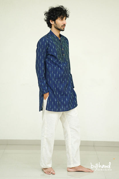 Ikath Long Kurta With Green Stichline Yoke