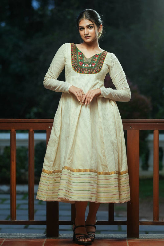 Off-white Cut Anarkali With Embrodiery and Mirror Work Yoke