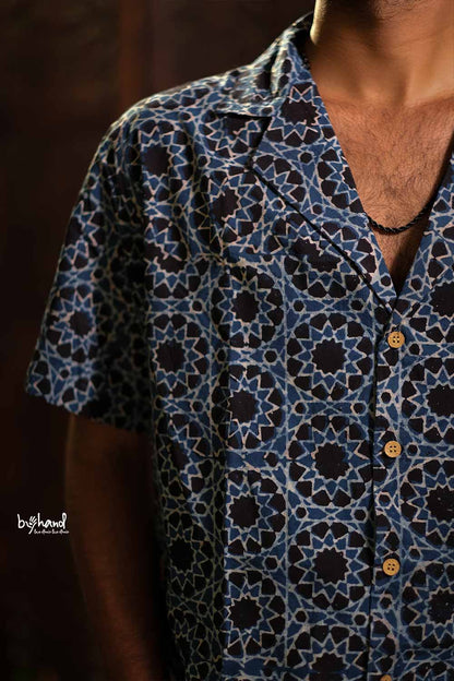 Blue Ajrak Diamond Print Lapel Collar Shirt