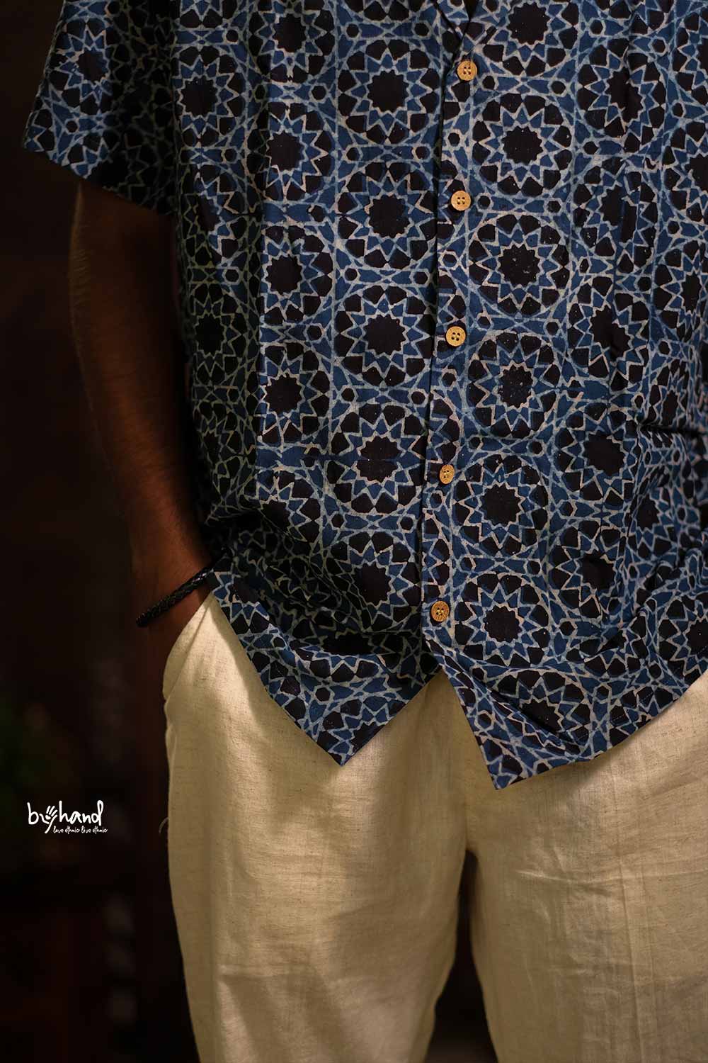 Blue Ajrak Diamond Print Lapel Collar Shirt