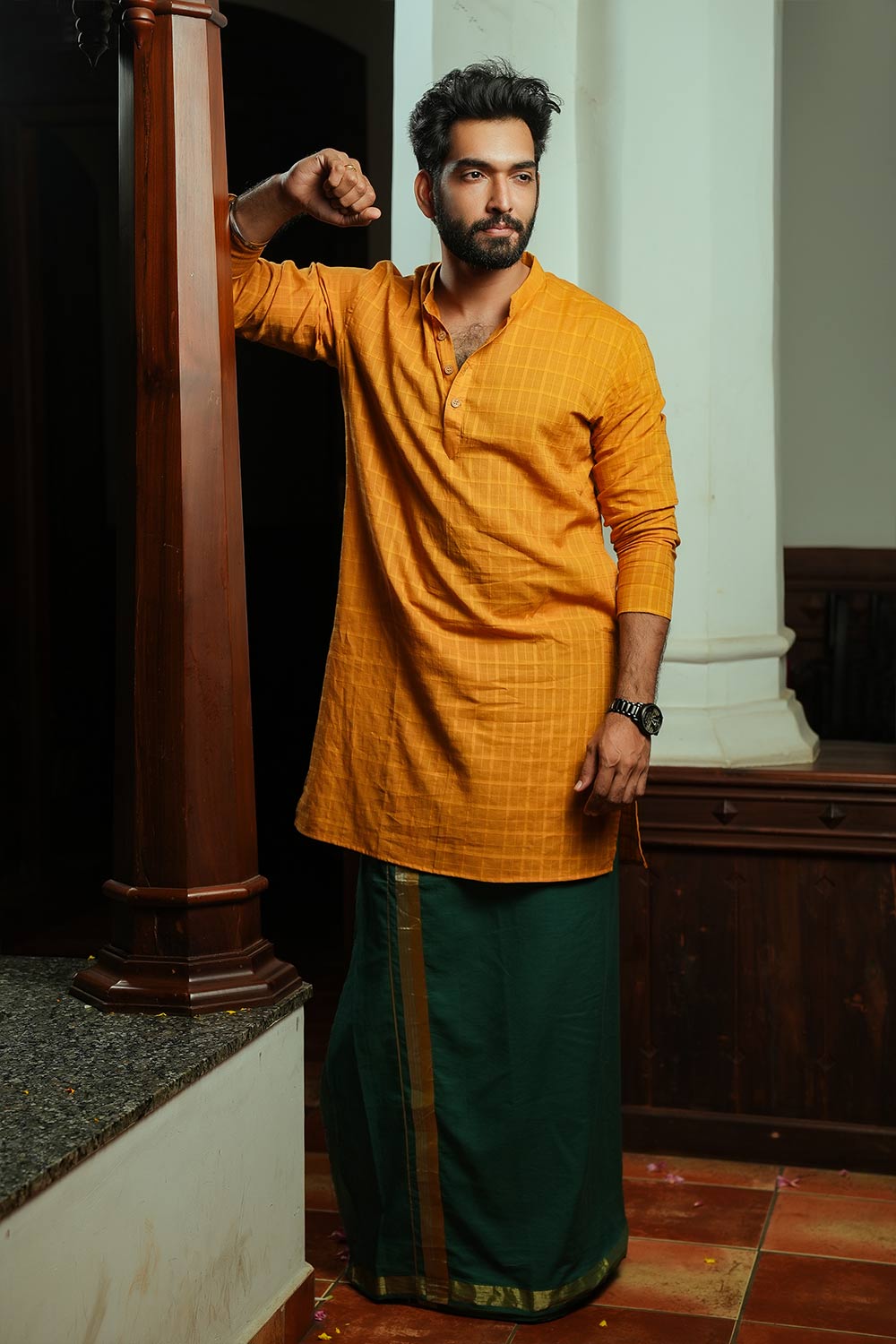 Mustard Yellow Cotton Self Check Kurtha