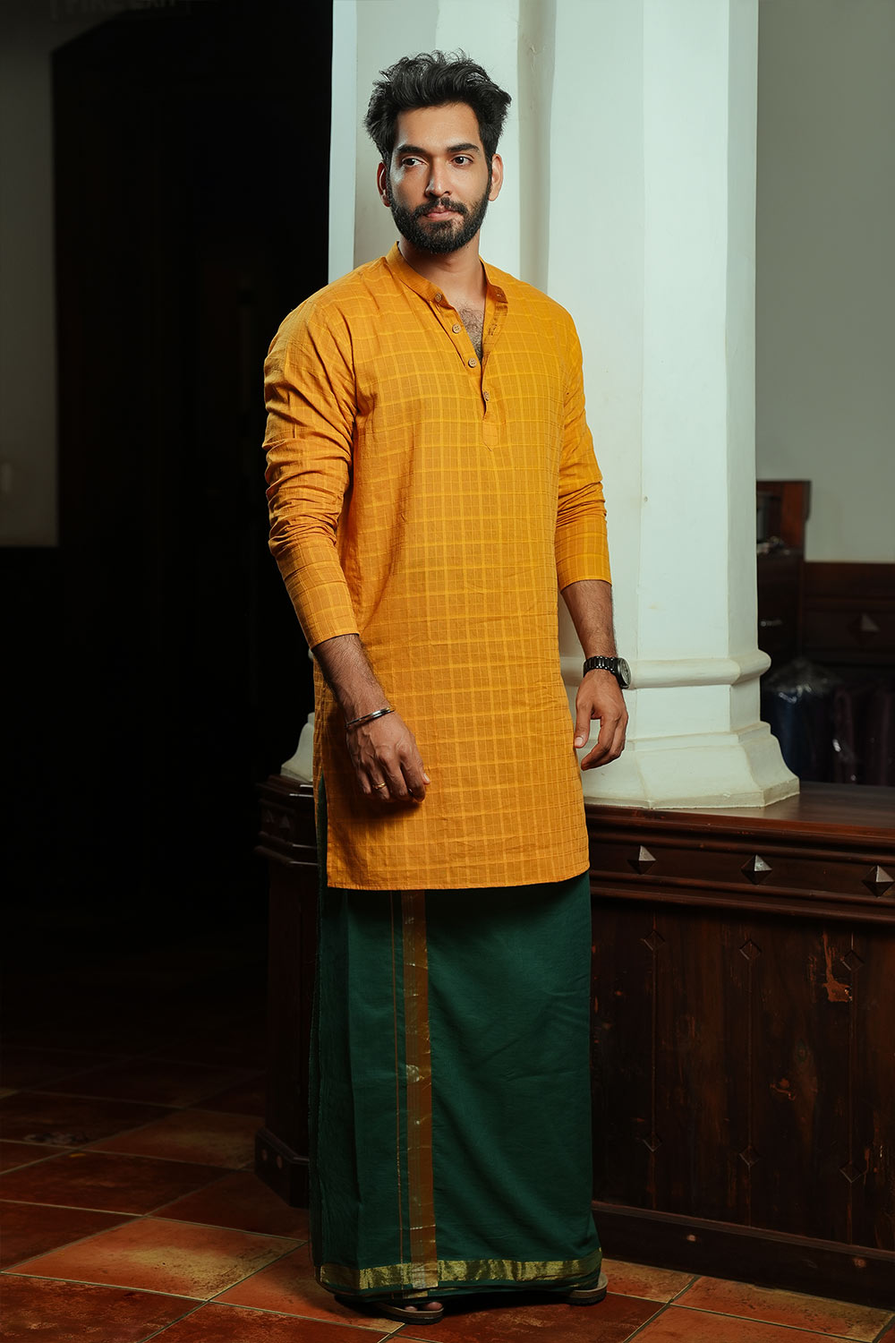 Mustard Yellow Cotton Self Check Kurtha