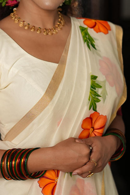 Chanderi Silk Saree With Handpainted Cosmos Flowers