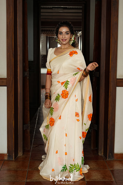 Chanderi Silk Saree With Handpainted Cosmos Flowers