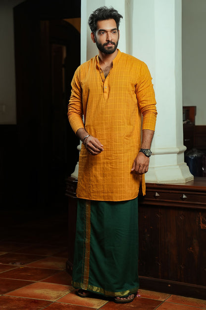 Mustard Yellow Cotton Self Check Kurtha