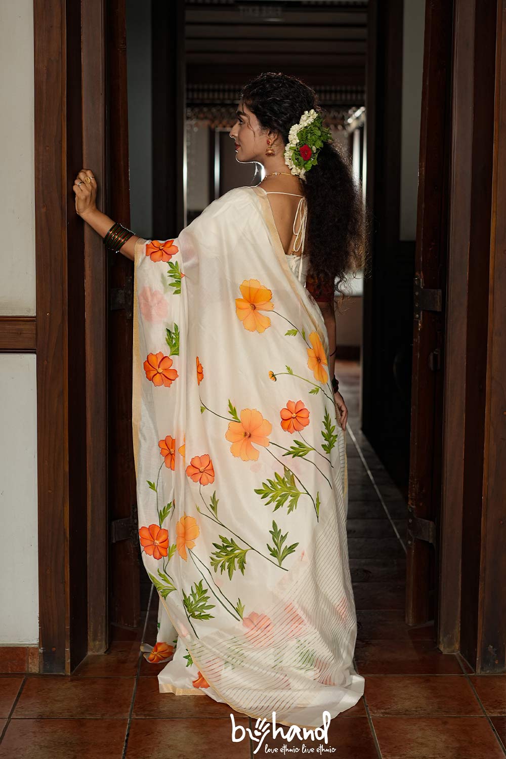 Chanderi Silk Saree With Handpainted Cosmos Flowers