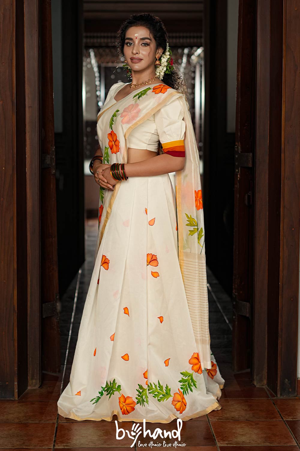 Chanderi Silk Saree With Handpainted Cosmos Flowers