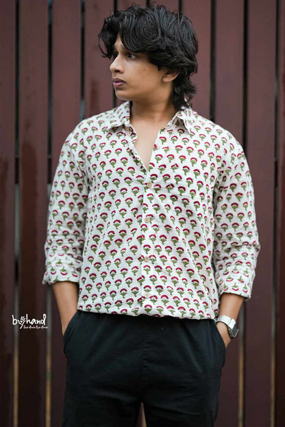 White Sanganeri Shirt With Flower Motif