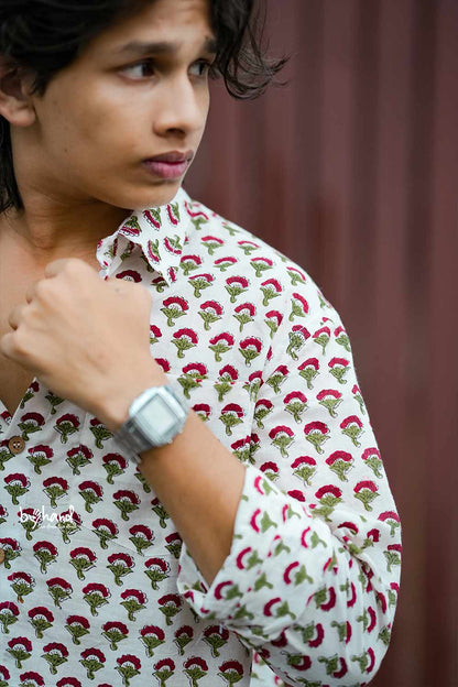 White Sanganeri Shirt With Flower Motif