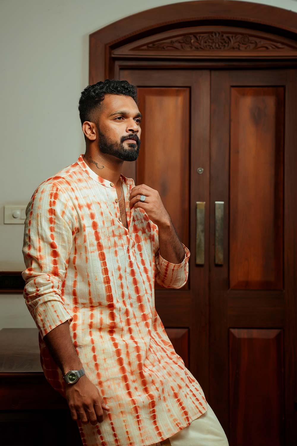 Mens Orange Dyed Long Kurta