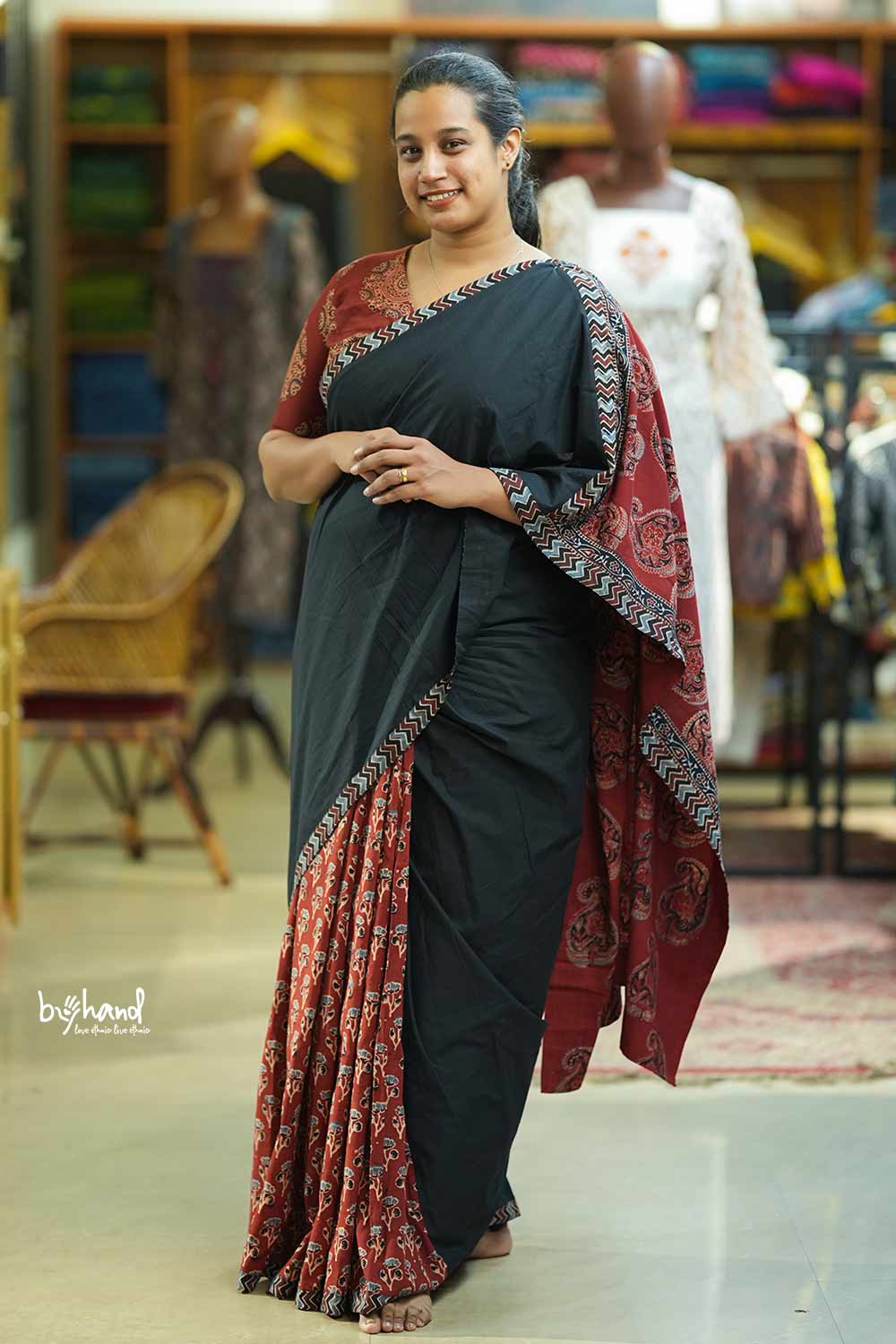 Black Cotton Saree With Ajrakh