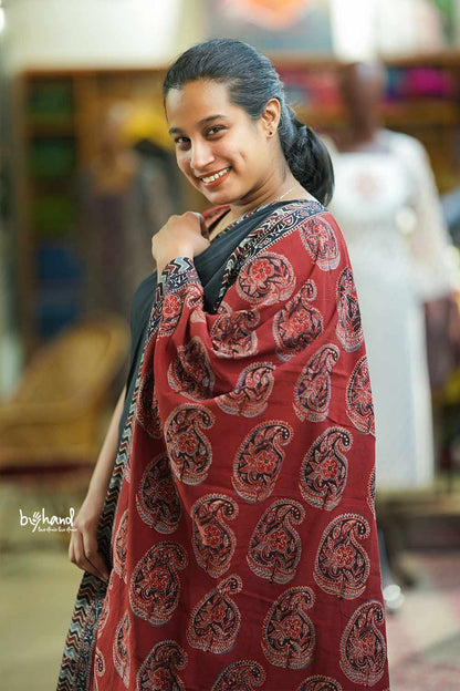 Black Cotton Saree With Ajrakh