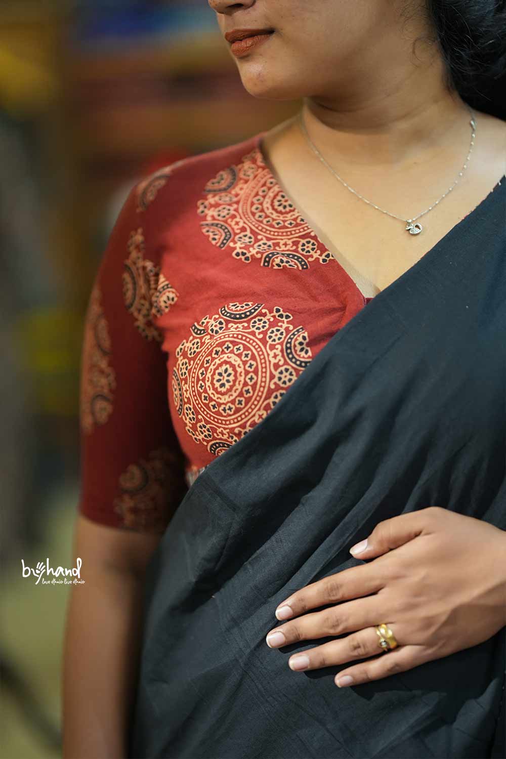 Black Cotton Saree With Ajrakh