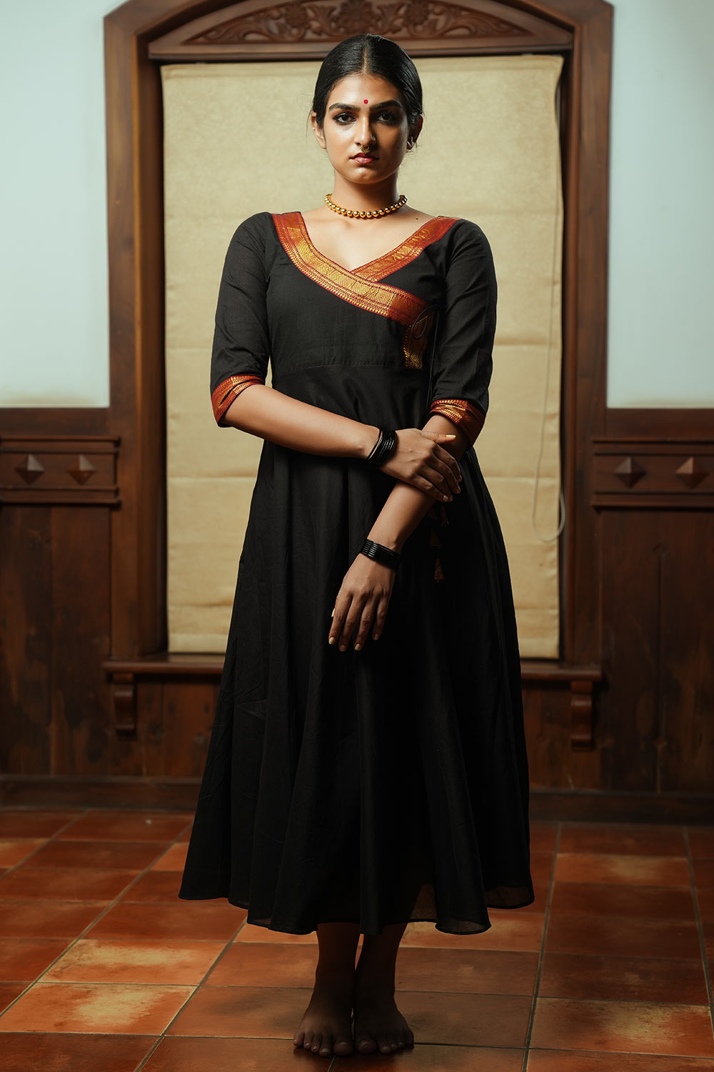 Black & Red Angrakha Flared Anarkali