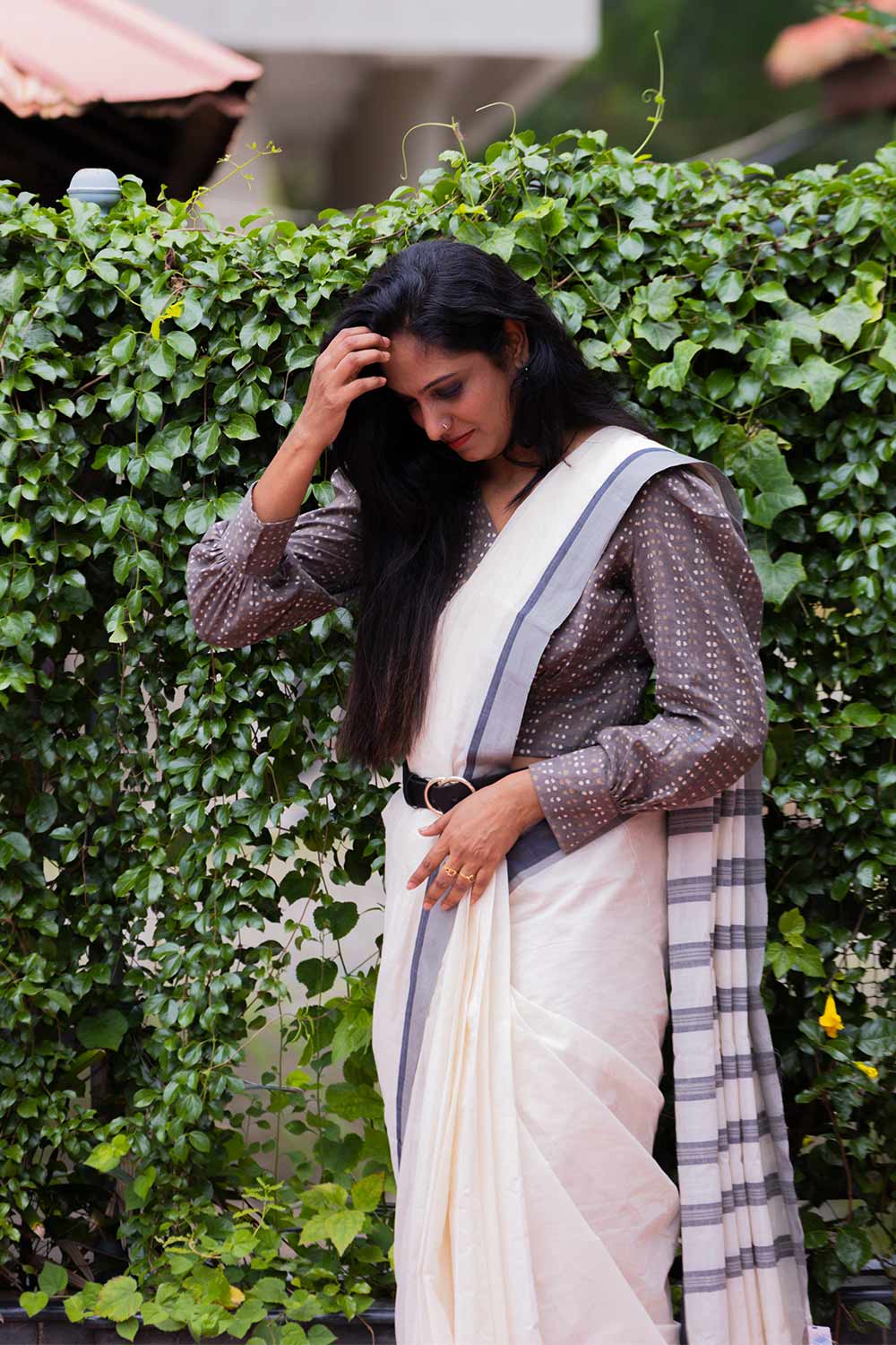 Offwhite Saree Dark Grey Border