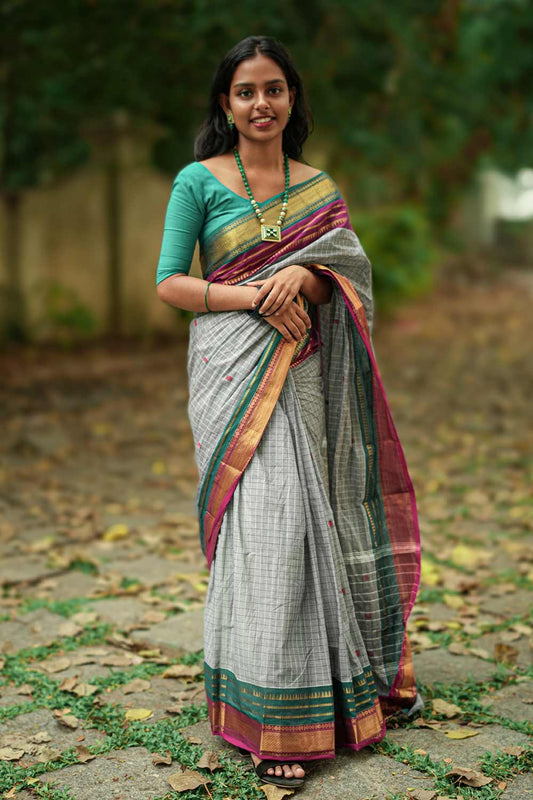 Grey Chettinadu Saree with Majenta & Green Border