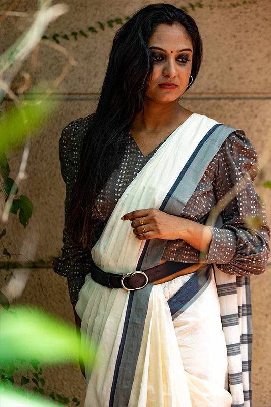 Offwhite Saree Dark Grey Border