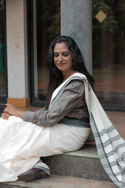 Offwhite Saree Dark Grey Border