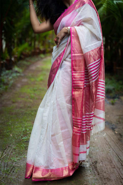 Maheswari Silk Saree White  With Pink Border