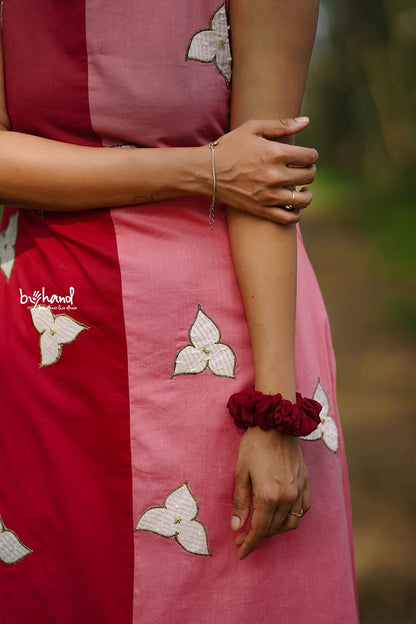 Pink And Red Spaghetti Co-ordset With Applique Work