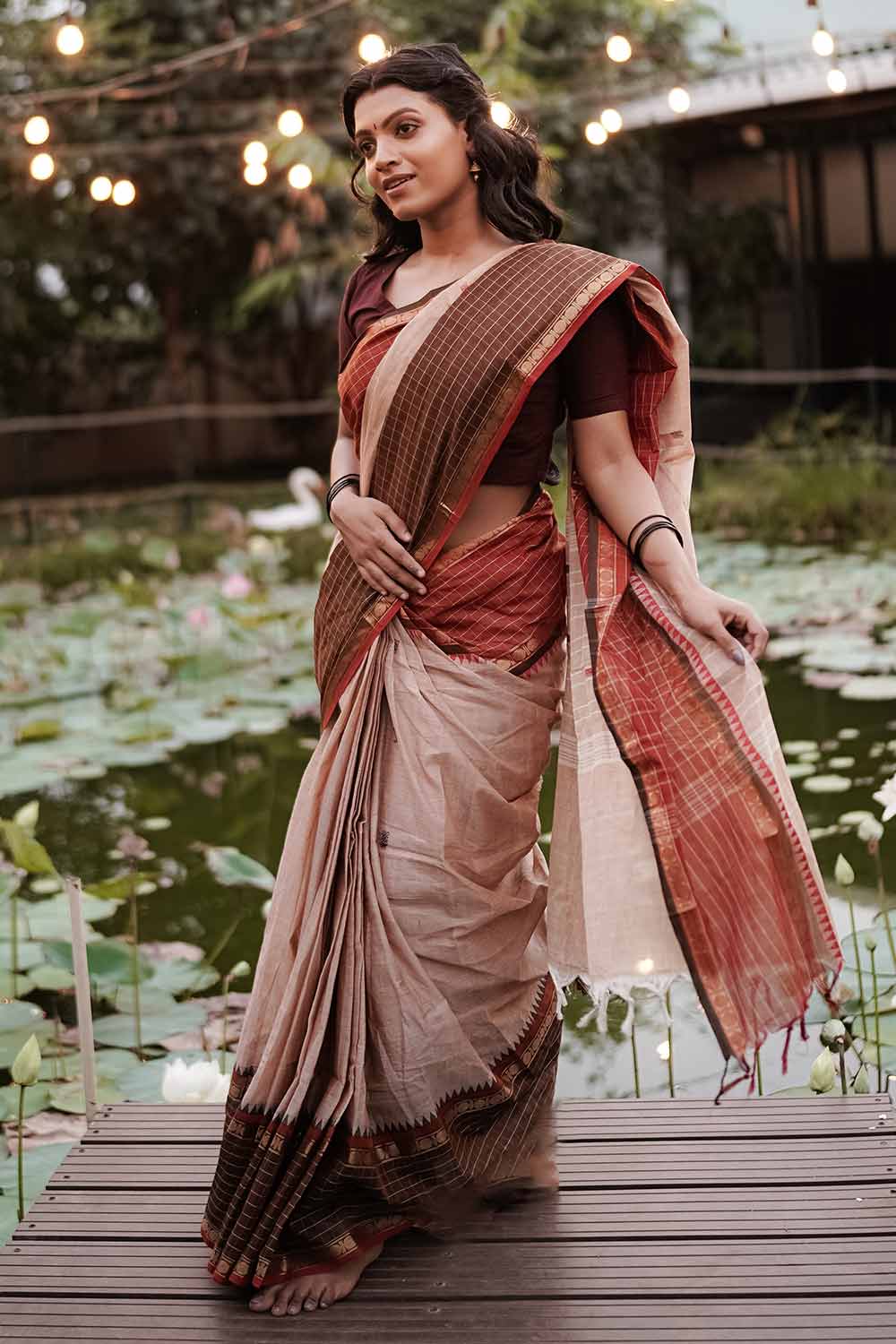 Light Taupe Narayanpet Saree with Brown Borders