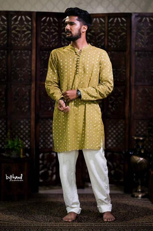 Olive Green Dyed Mens Long Kurta