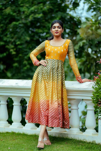 Yellow Green Orange & Golden Chanderi Silk Anarkali