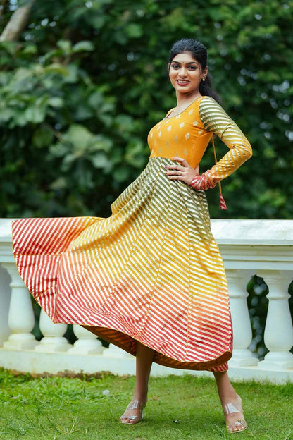 Yellow Green Orange & Golden Chanderi Silk Anarkali