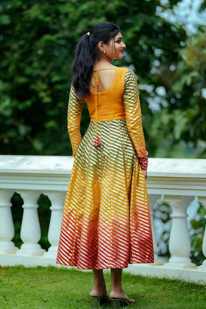 Yellow Green Orange & Golden Chanderi Silk Anarkali