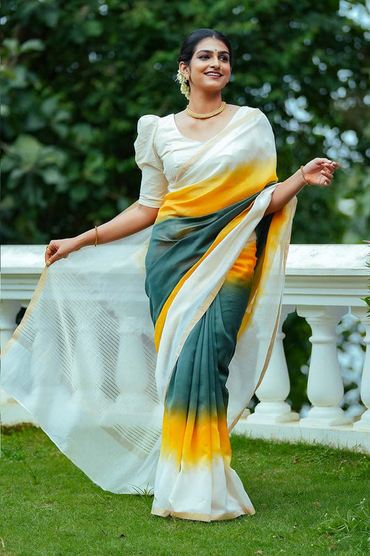 Pure Offwhite Chanderi Silk Dyed Saree in Green and Yellow shades