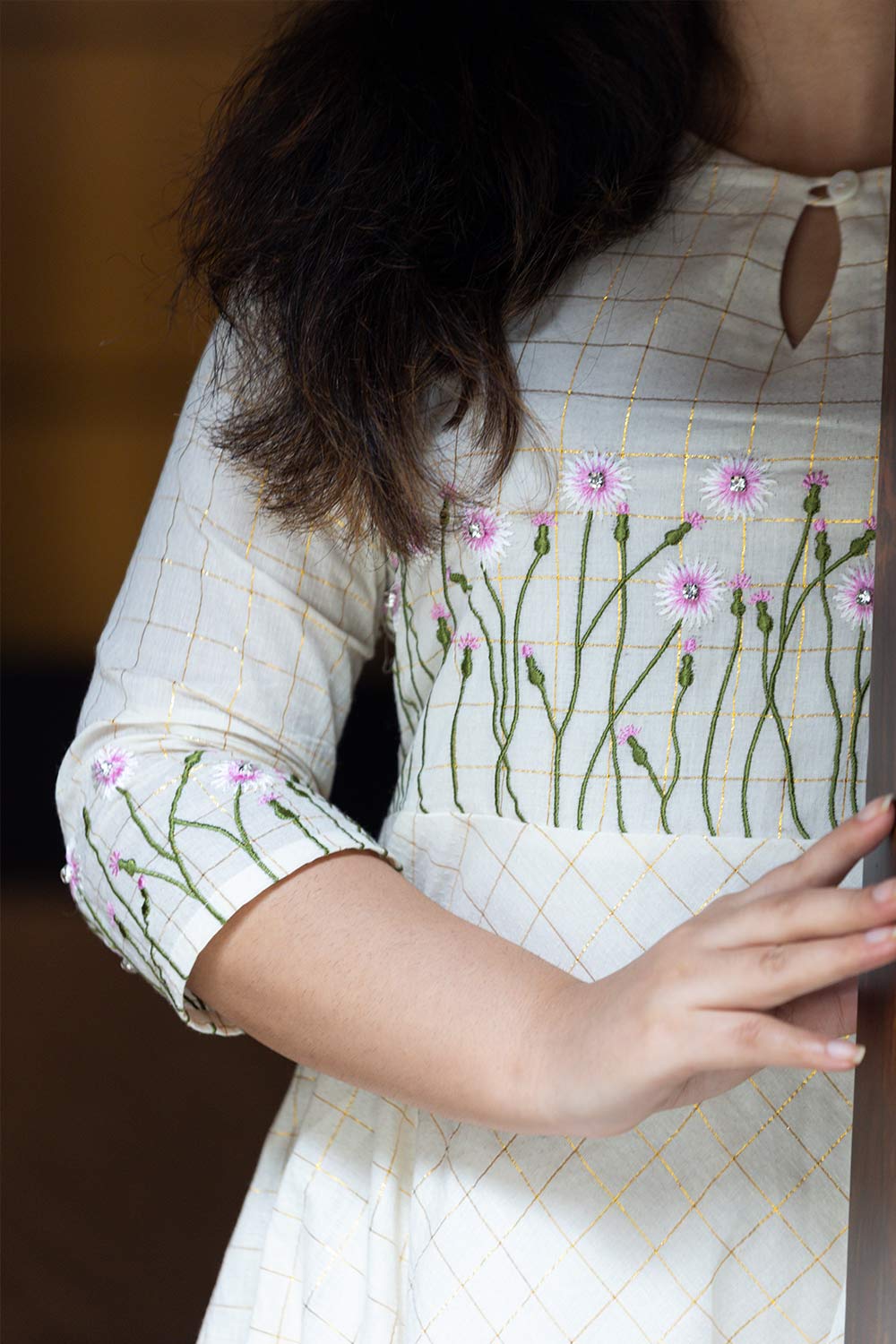 Off-White Anarkali with Golden Stripes And Embellished Yoke