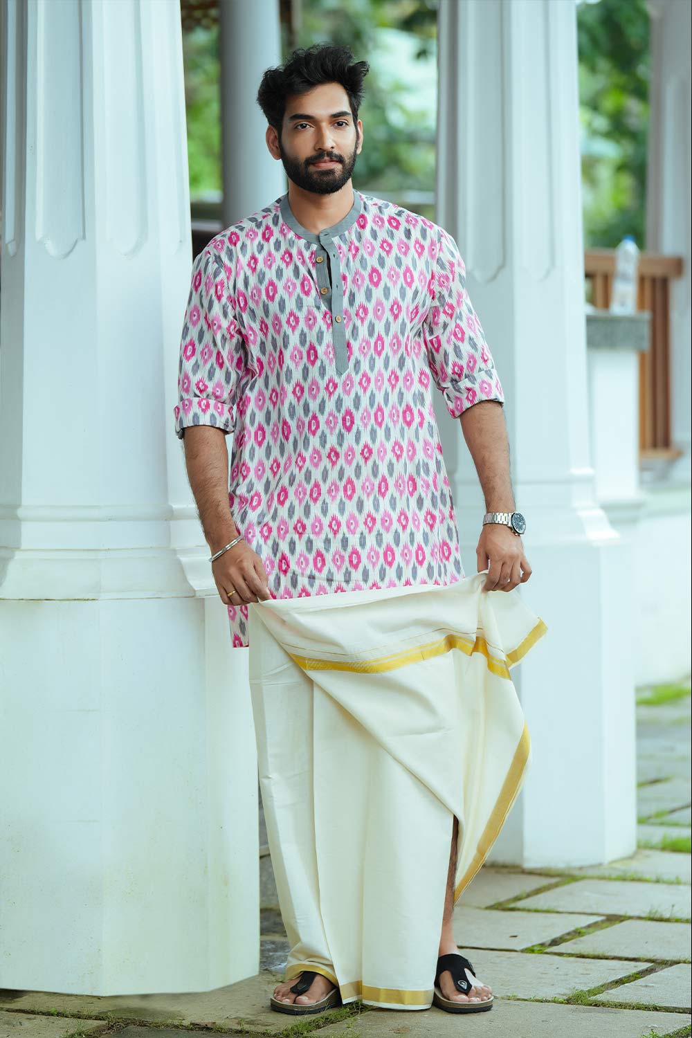 White Full Sleeve Long Kurta Ikath