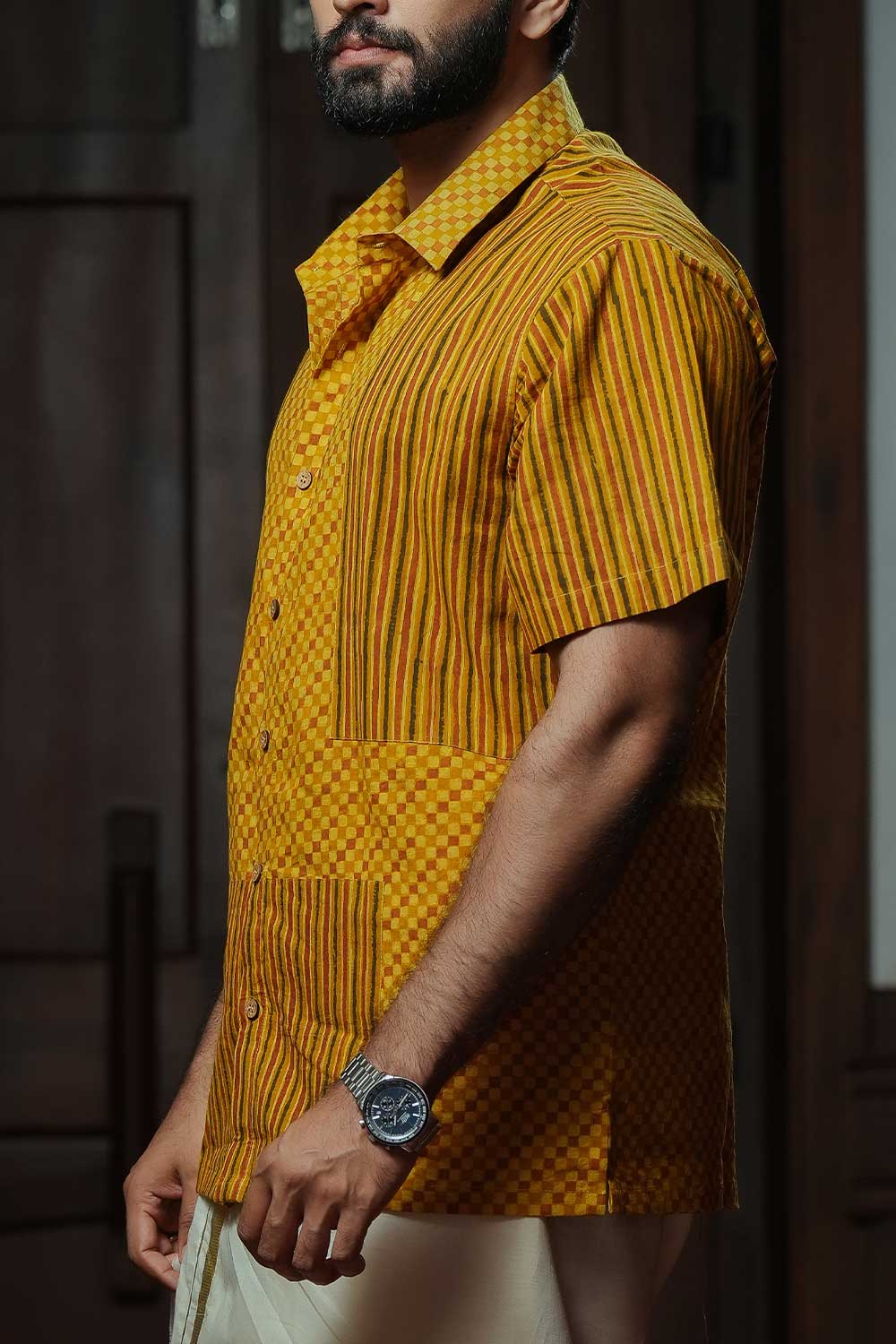 Yellow Half Sleeve Shirt With Check Print