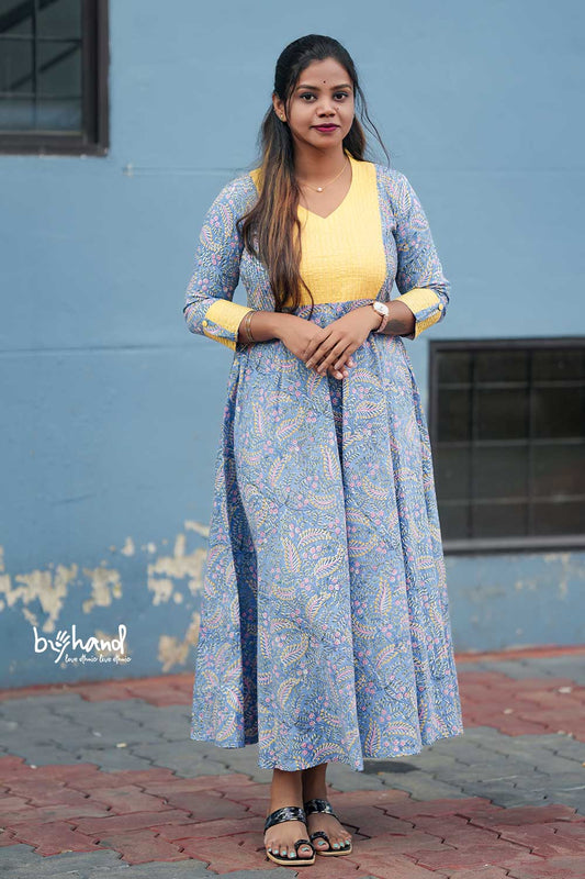 Blue Sanganeri  Aline Leaf Print Dress