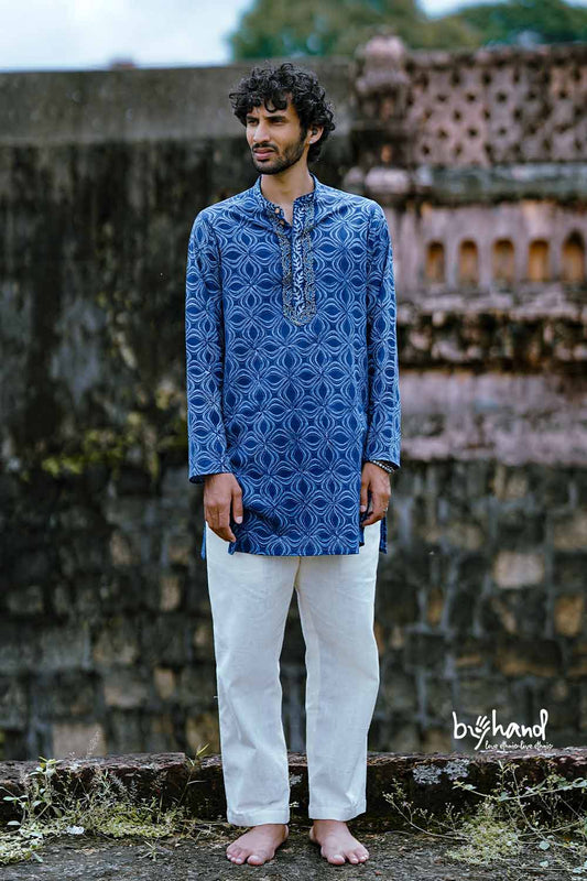 Indigo Mens Long Kurta With Embroidery Placket