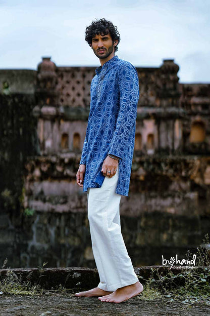 Indigo Mens Long Kurta With Embroidery Placket