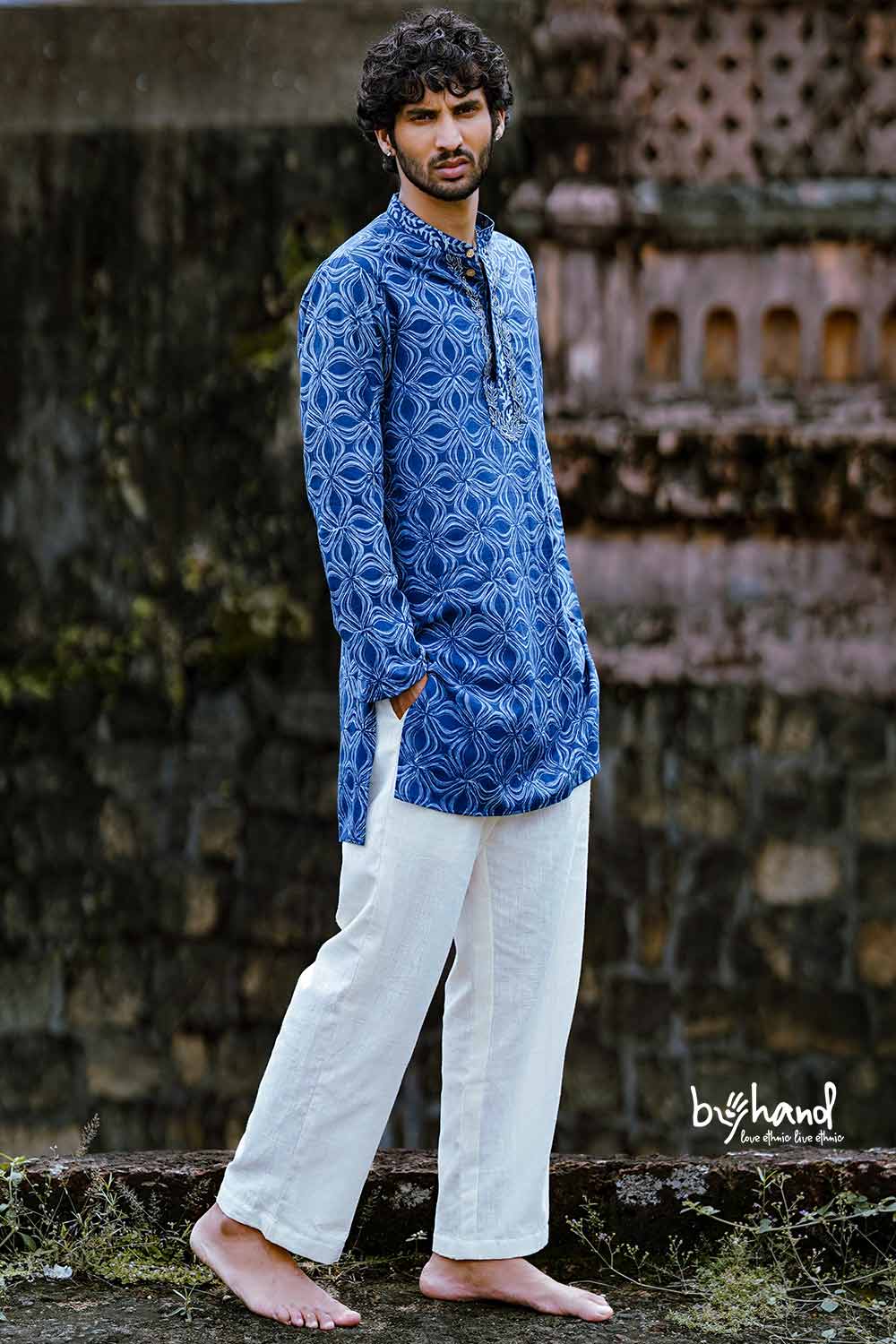 Indigo Mens Long Kurta With Embroidery Placket