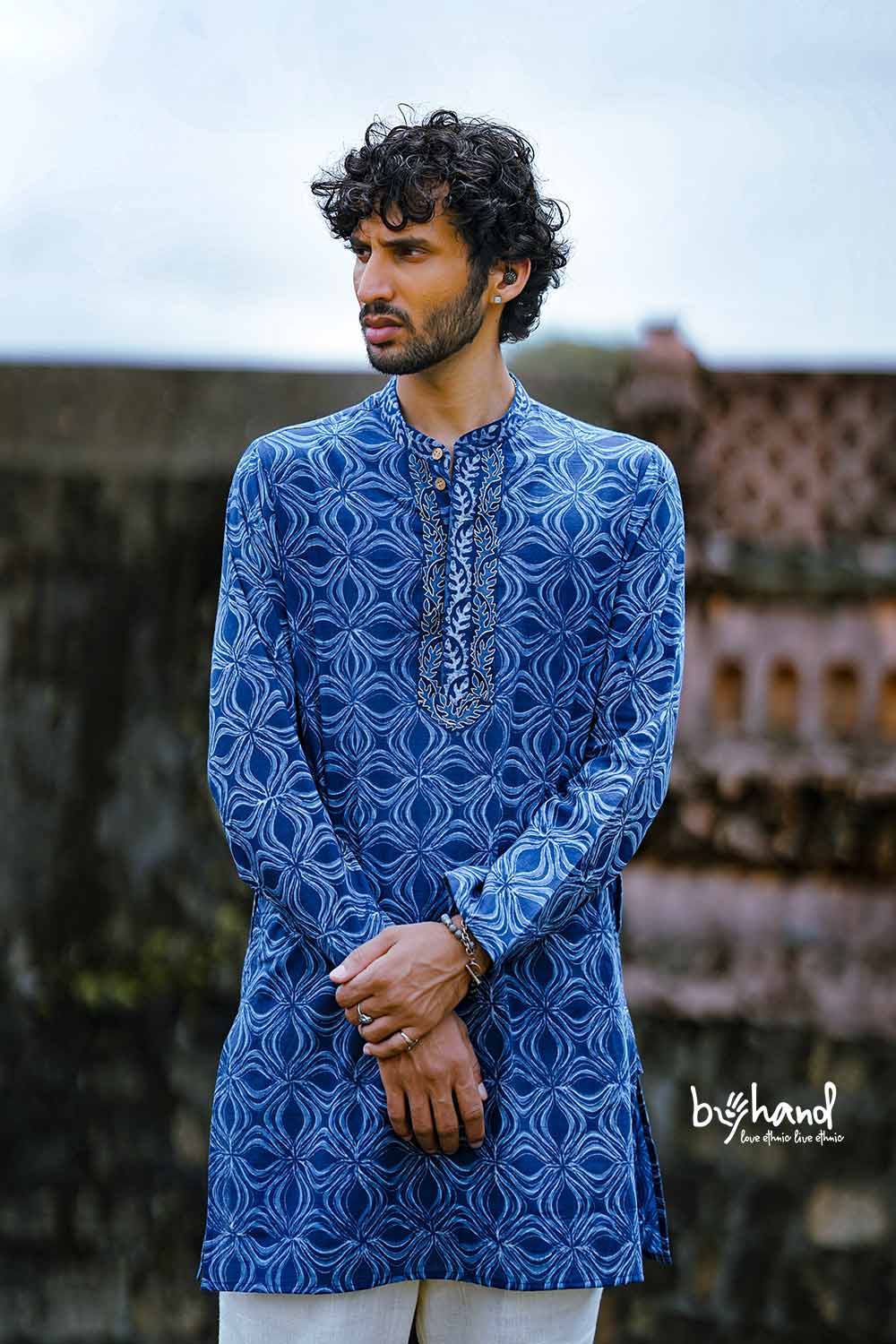 Indigo Mens Long Kurta With Embroidery Placket