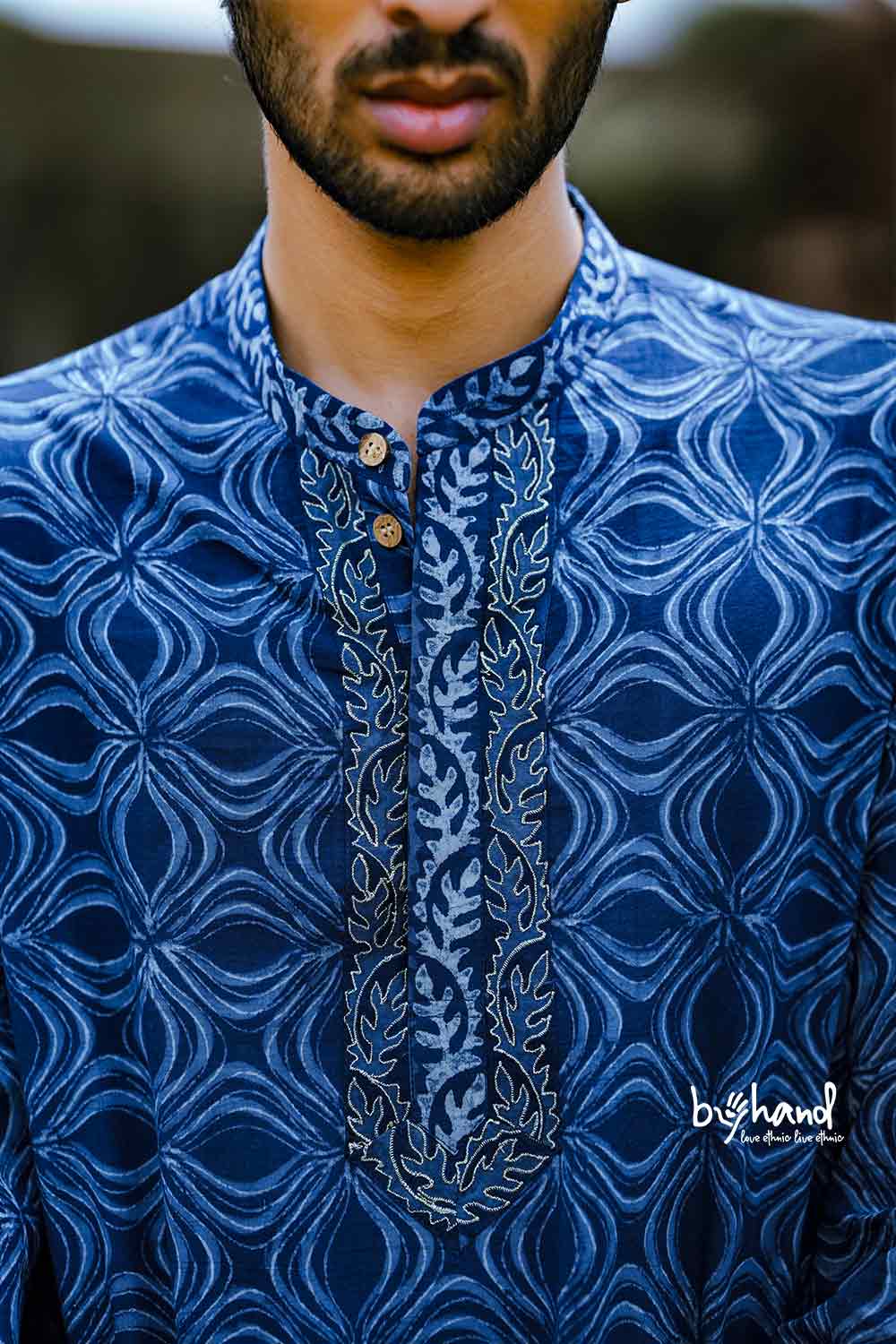 Indigo Mens Long Kurta With Embroidery Placket