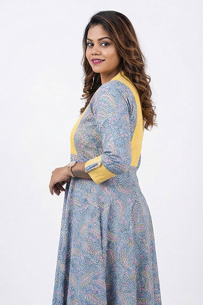 Blue Sanganeri  Aline Leaf Print Dress