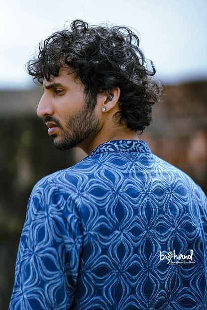 Indigo Mens Long Kurta With Embroidery Placket