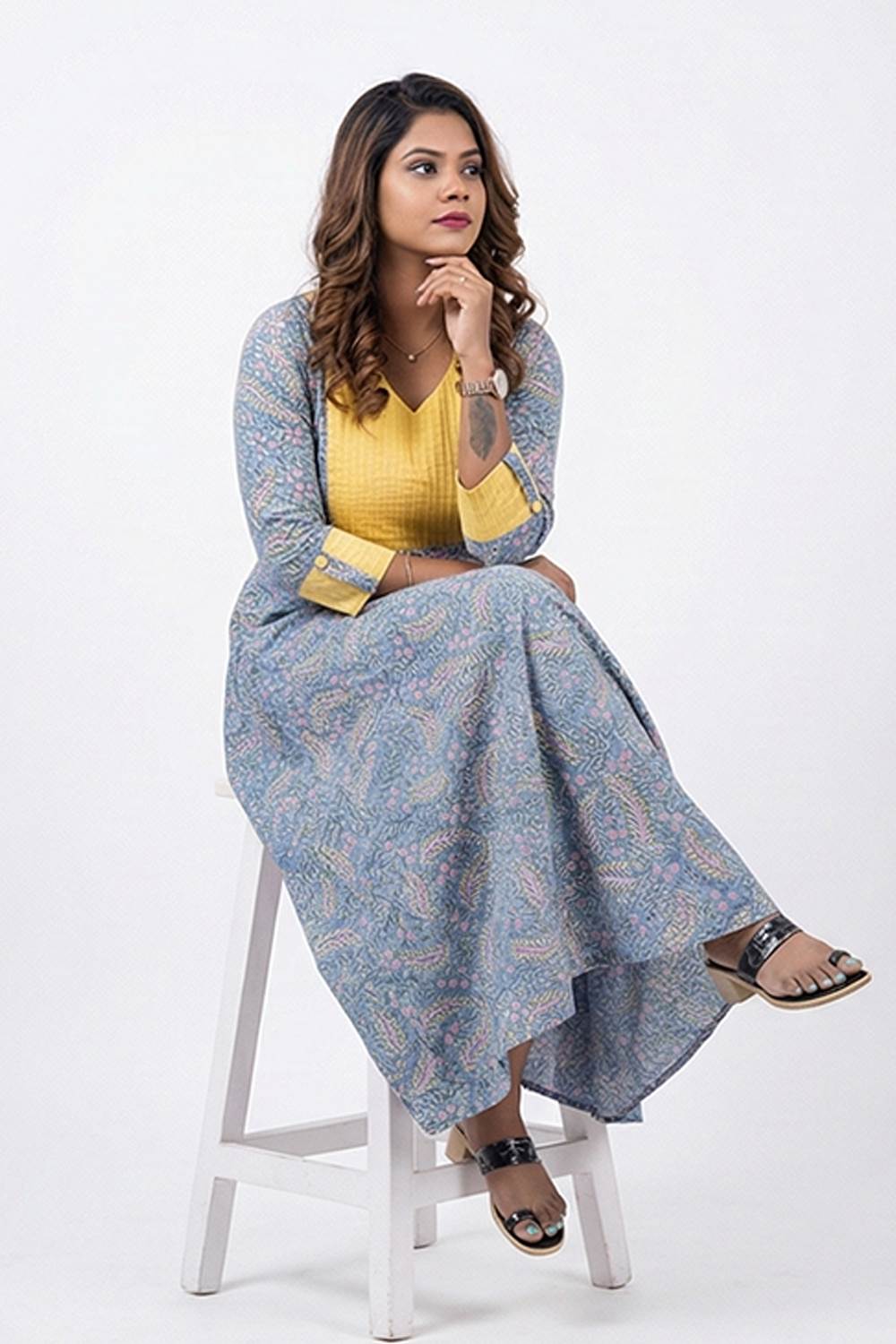 Blue Sanganeri  Aline Leaf Print Dress