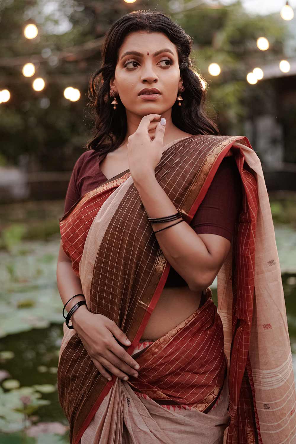 Light Taupe Narayanpet Saree with Brown Borders