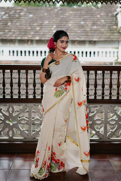 Offwhite Saree With Hanpainted Vaaga Poov